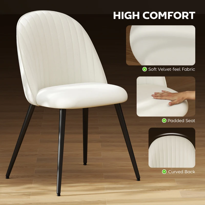 HOMCOM Set of 4 Modern Dining Chairs, Velvet Upholstered Kitchen Chairs with Steel Legs for Living Room, Cream White