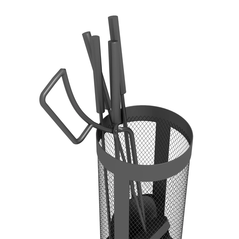 Outsunny Fireplace Tool Set with Mesh Basket, 5 Piece Fire Place Kit with Brush, Shovel, Poker, Tongs for Indoor Outdoor Use
