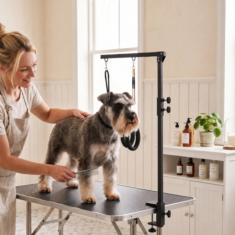 PawHut Dog Grooming Arm with Clamp Adjustable Foldable Dog Grooming 2 Loop Noose Small Medium Dogs 18.9" -32.3" Black