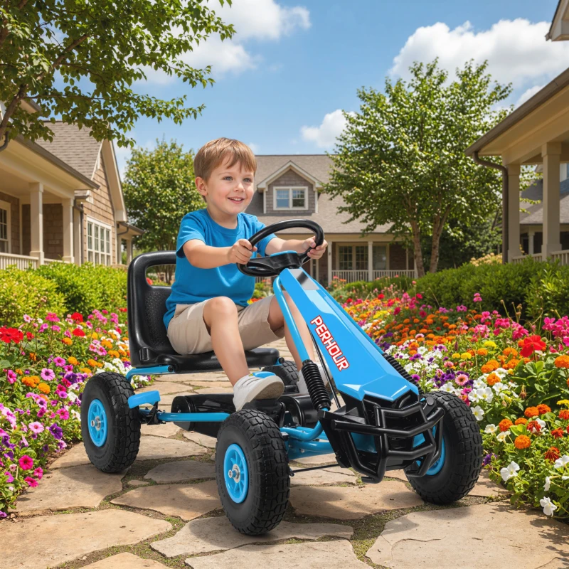 Qaba Kids Go Kart, Pedal Car with Adjustable Seat, EVA Wheels, Brake, for Boys & Girls Aged 3-8 Years Old, Blue