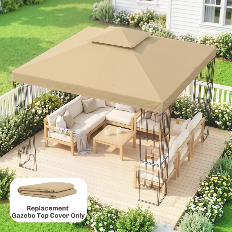 Outsunny 10' x 10' Square 2-Tier Gazebo Canopy Replacement Top Outdoor Garden Sun Shade Cover, Replacement Top Only, Beige