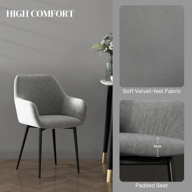 HOMCOM Dining Chairs Set of 2, Velvet-look Fabric Upholstered Kitchen Chairs with Backrest, Armrests and Steel Legs, Dark Grey