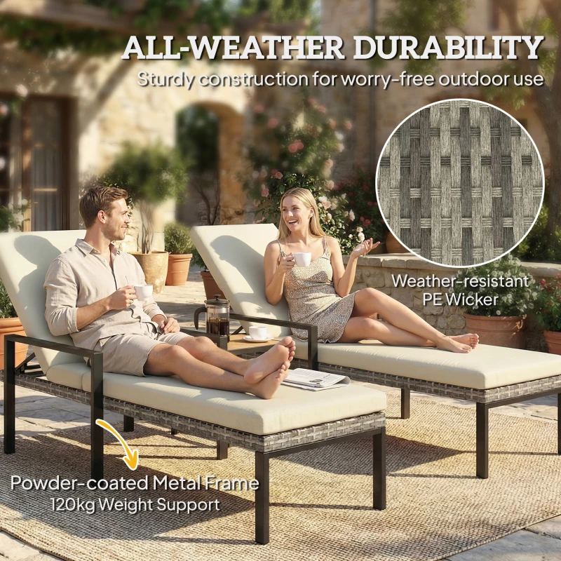 Outsunny Chaise Lounge Chairs Outdoor, Set of 2 Wicker Patio Lounge Chairs with 5-Level Adjustable Backrest, Cushion