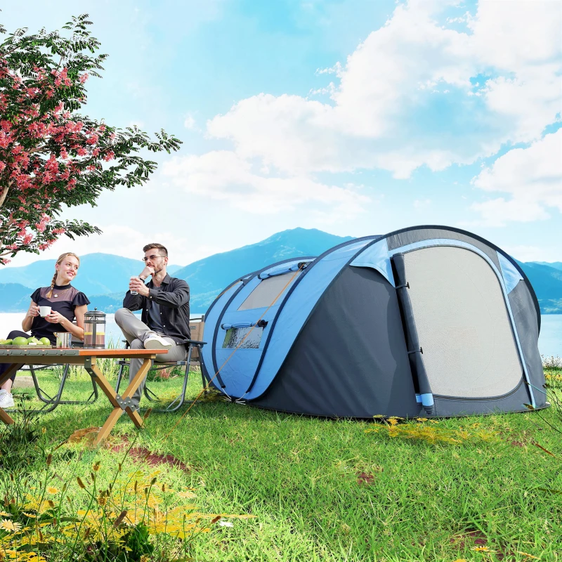 Outsunny 4 Person Camping Tent, Easy Pop Up Tent with Doors, Windows and Carry Bag, Automatic Setup Tent for Hiking, Blue