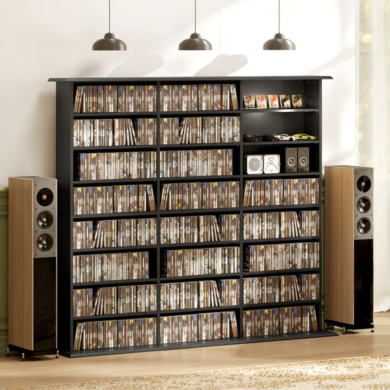 HOMCOM Media Storage Cabinet, 8-Tier DVD Shelf with 18 Adjustable Shelves, Holds 1032 CDs, 594 DVDs or Blu-rays, Black