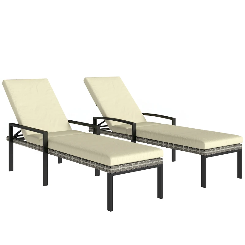 Outsunny Chaise Lounge Chairs Outdoor, Set of 2 Wicker Patio Lounge Chairs with 5-Level Adjustable Backrest, Cushion