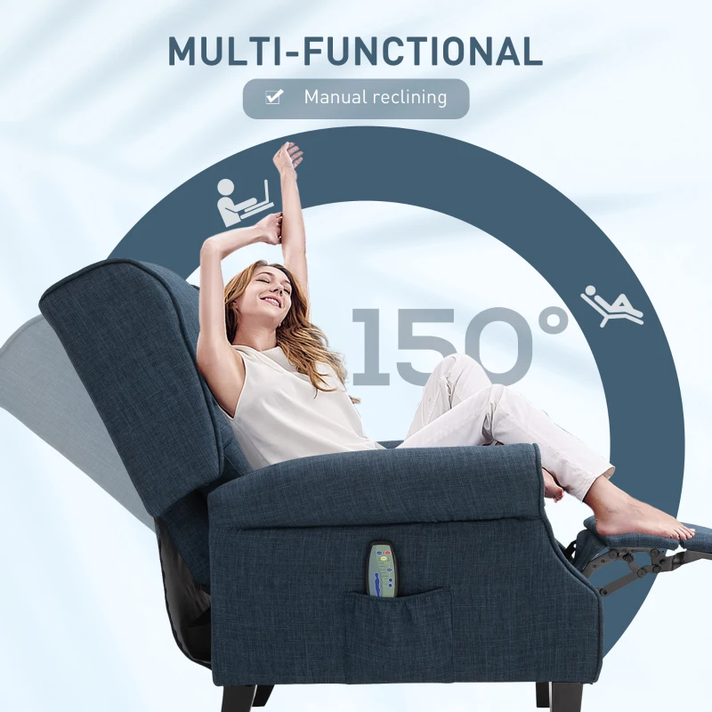 HOMCOM Vibration Massage Recliner Chair for Living Room with Heat,  Wingback Single Sofa, Modern Linen Fabric Push Back Reclining Chair with Footrest, Side Pocket,  Dark Blue