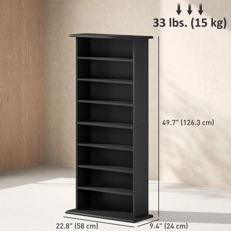 HOMCOM 8-Tier DVD Shelf with 6 Adjustable Shelves, Slim CD Shelf, Holds 360 CDs, 185 DVDs or 185 Blu-rays, Black