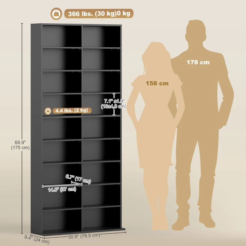 HOMCOM 9-Tier DVD Shelf with 18 Compartments and 14 Adjustable Shelves, Holds 640 CDs, 360 DVDs or 430 Blu-rays, Black