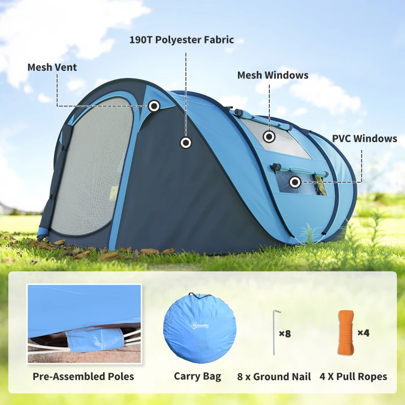 Outsunny 4 Person Camping Tent, Easy Pop Up Tent with Doors, Windows and Carry Bag, Automatic Setup Tent for Hiking, Blue