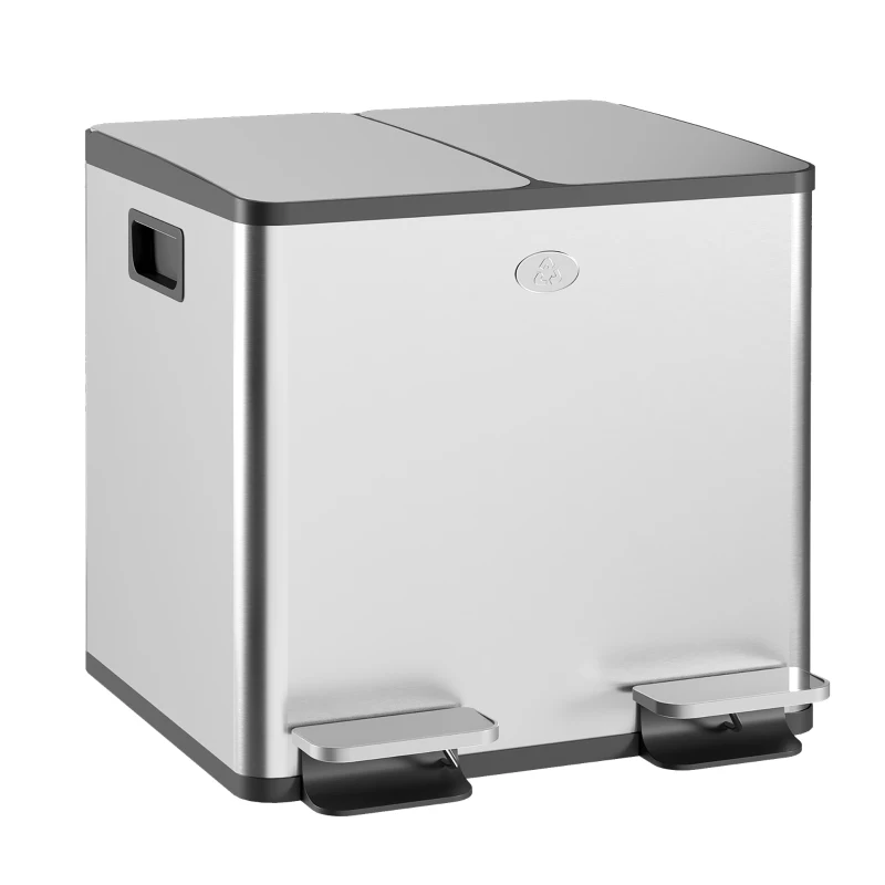 HOMCOM Garbage Bin, Soft-Close Trash Can with Foot Pedal, 2x4 Gallon (2x15 L) Garbage Can with Removable Inner Buckets, Silver