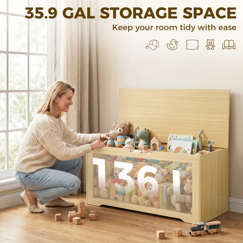 HOMCOM Storage Chest with Lift Top Storage Chest with Safety Hinges 39.4" Oak