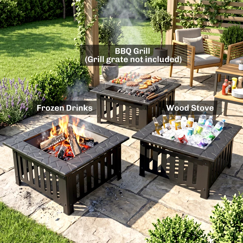 Outsunny 26" Outdoor Fire Pit with Fire Poker, Steel Square Wood Burning Firepit with Mesh Lid, Firepits, Black