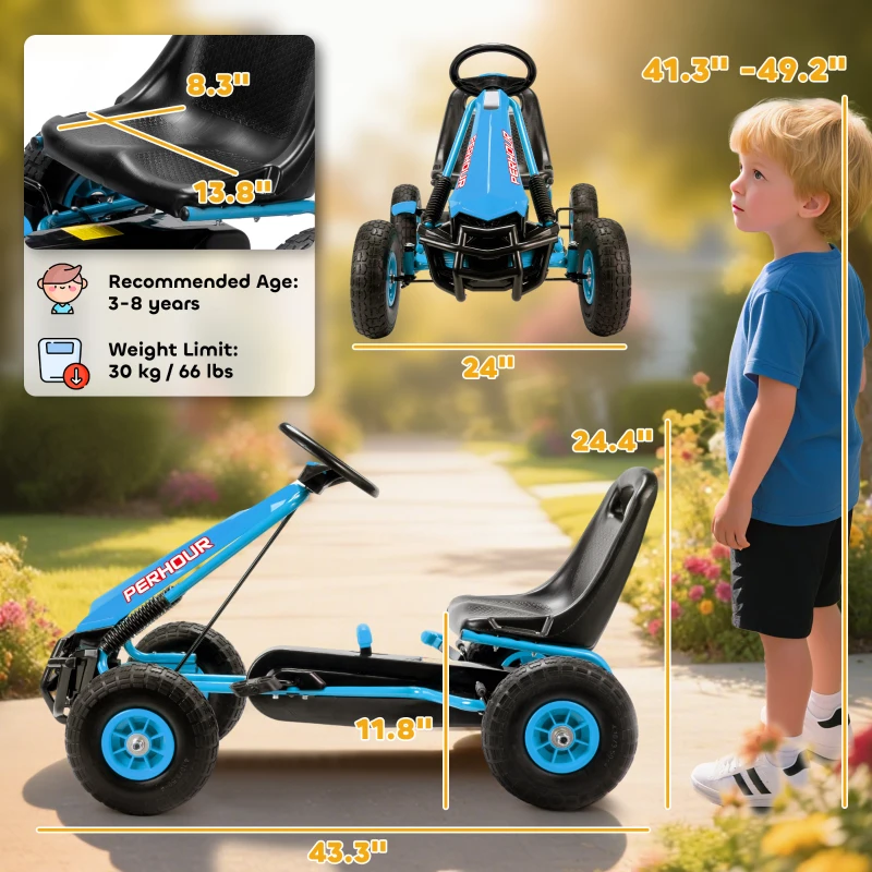 Qaba Kids Go Kart, Pedal Car with Adjustable Seat, EVA Wheels, Brake, for Boys & Girls Aged 3-8 Years Old, Blue