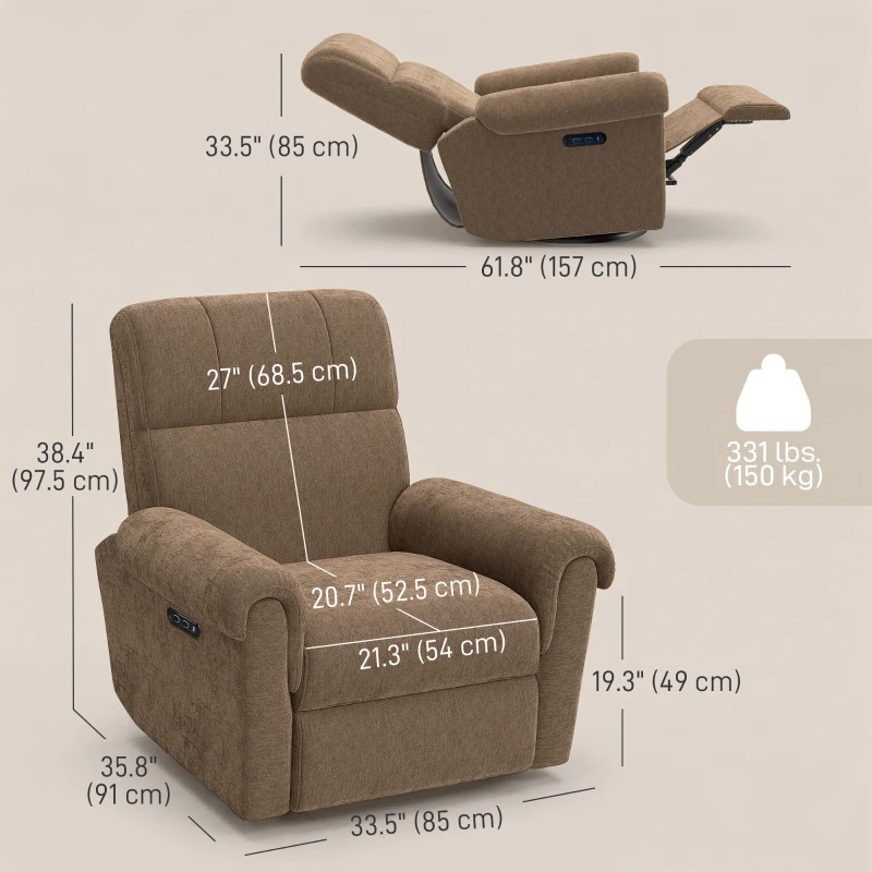 HOMCOM Power Recliner Chair, Fabric Upholstered Recliner Chair with USB Ports, Swivel and Rocking Function, Footrest