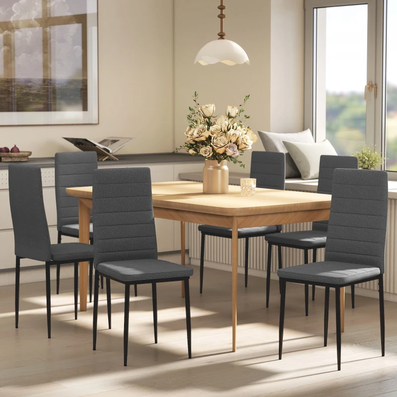 HOMCOM Modern Dining Chairs, Set of 6, High Back Linen Fabric Upholstery and Metal Legs for the Living Room, Home, Grey