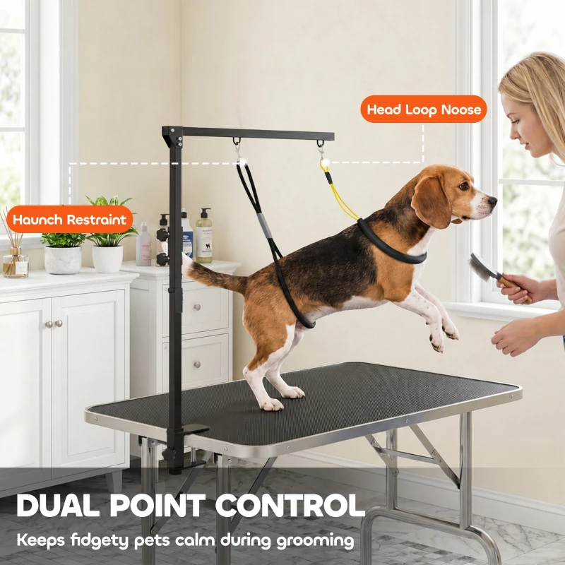 PawHut Dog Grooming Arm with Clamp Adjustable Foldable Dog Grooming 2 Loop Noose Small Medium Dogs 18.9" -32.3" Black