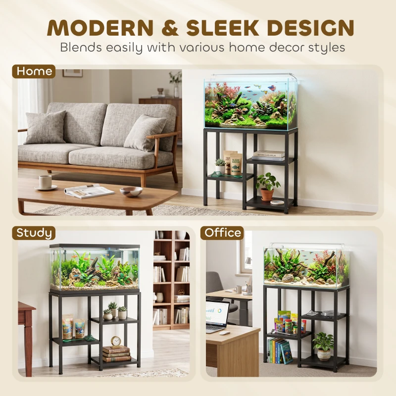 PawHut 25 Gallon Fish Tank Stand, Metal Aquarium Stand with 3 Tier Storage Shelf, Adjustable Feet for Home Office, Black