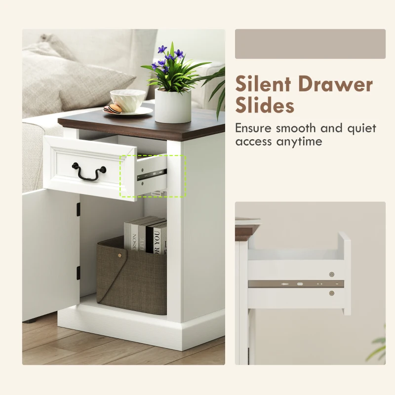 HOMCOM Side Table Set of 2, End Tables with Drawer and Cabinet, Nightstands for Small Spaces, Living Room, White