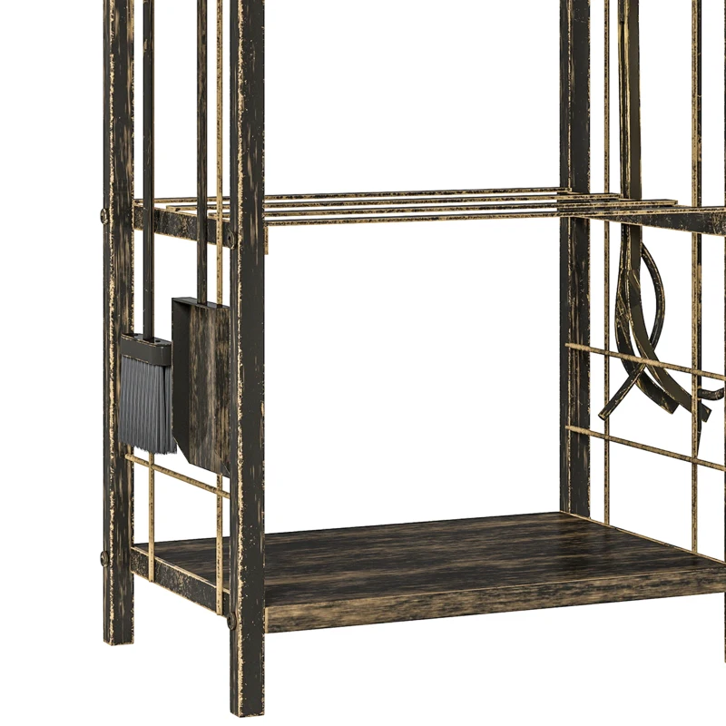Outsunny 2-Tier Outdoor Firewood Rack with 4 Fireplace Tools, 220 lbs Capacity Metal Log Holder for Fireplace, Coffee Brown