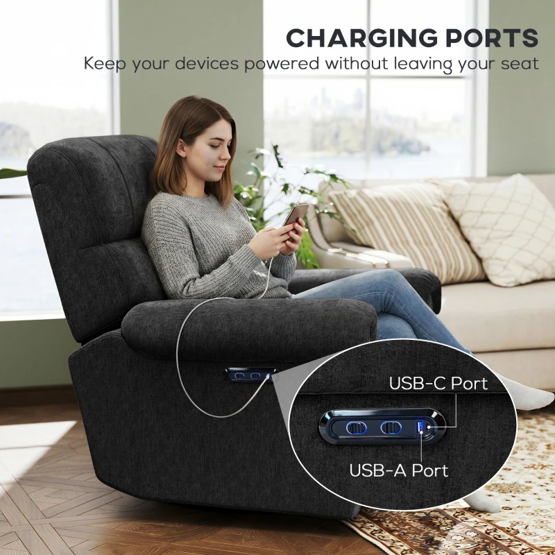 HOMCOM Power Recliner Chair, Fabric Upholstered Recliner Chair with USB Ports, Swivel and Rocking Function, Footrest, Black