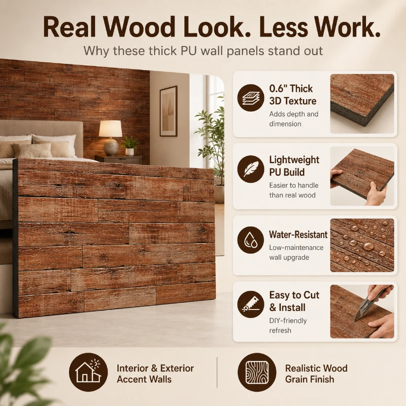 HOMCOM 8-Pack 3D Faux Wood Wall Panels, Lightweight Polyurethane Panels for Interior and Exterior Accent Walls, Brown