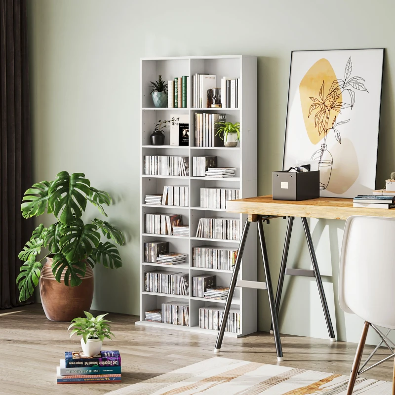 HOMCOM 9-Tier DVD Shelf with 18 Compartments and 14 Adjustable Shelves, Holds 640 CDs, 360 DVDs or 430 Blu-rays, White