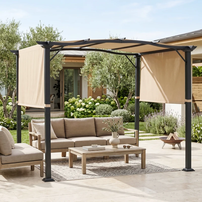 Outsunny 8' x 10' Retractable Pergola Canopy Steel Frame Polyester Fabric Gazebo with Top Cover, Retractable Canopy Shade Awning