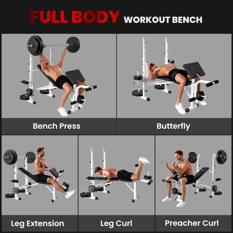 Soozier Bench Press Set Adjustable Weight Bench with Squat Rack, Preacher Curl Pad, Leg Developer and Weight Storage, White