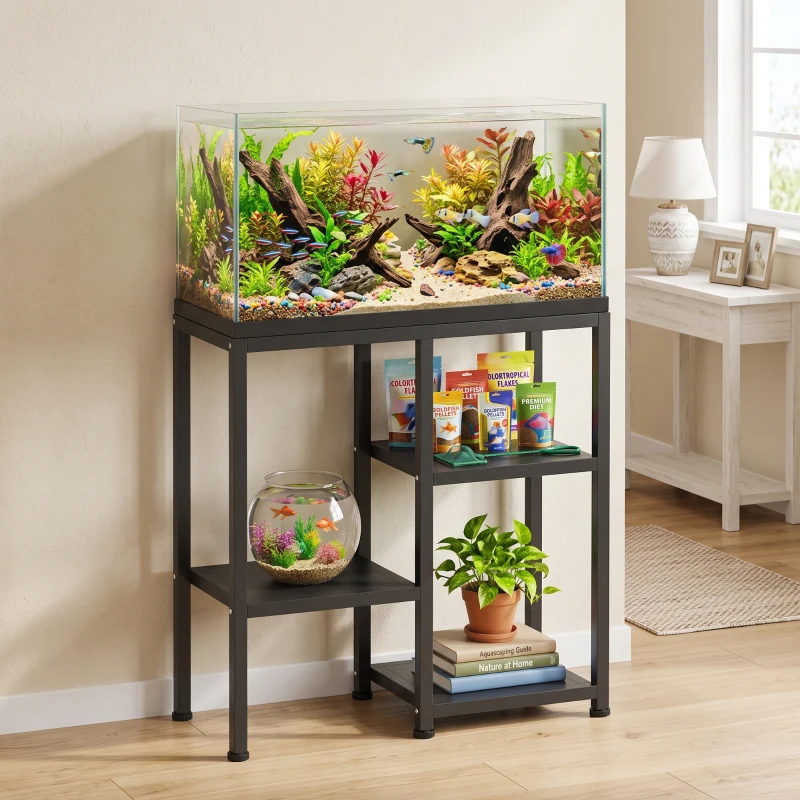 PawHut 25 Gallon Fish Tank Stand, Metal Aquarium Stand with 3 Tier Storage Shelf, Adjustable Feet for Home Office, Black