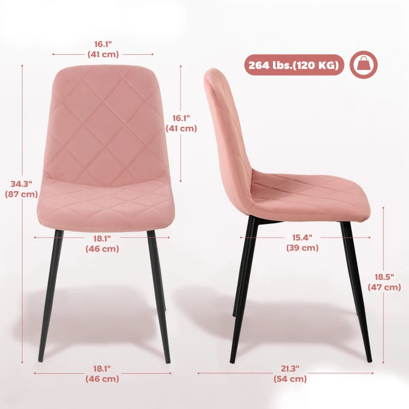HOMCOM Dining Chairs Set of 4, Upholstered Dining Room Chairs with Steel Legs, Modern Kitchen Chair for Dining Room, Pink