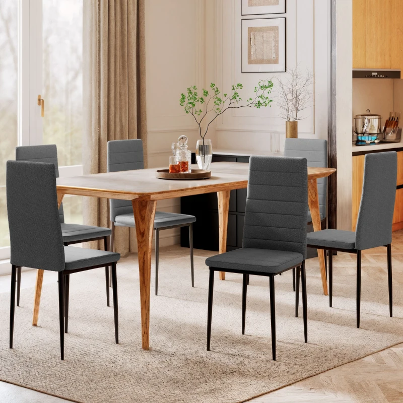 HOMCOM Modern Dining Chairs, Set of 6, High Back Linen Fabric Upholstery and Metal Legs for the Living Room, Home, Grey