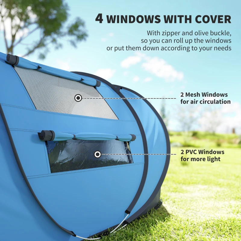 Outsunny 4 Person Camping Tent, Easy Pop Up Tent with Doors, Windows and Carry Bag, Automatic Setup Tent for Hiking, Blue