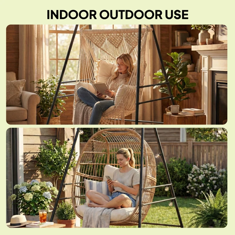 Outsunny Hammock Chair Stand  Indoor and Outdoor Use with Anti-Slip Foot Pads, 2 Carabiners, Black
