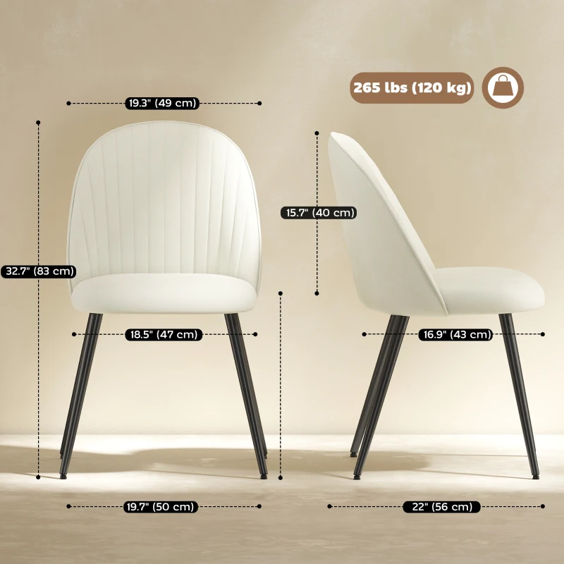 HOMCOM Set of 4 Modern Dining Chairs, Velvet Upholstered Kitchen Chairs with Steel Legs for Living Room, Cream White