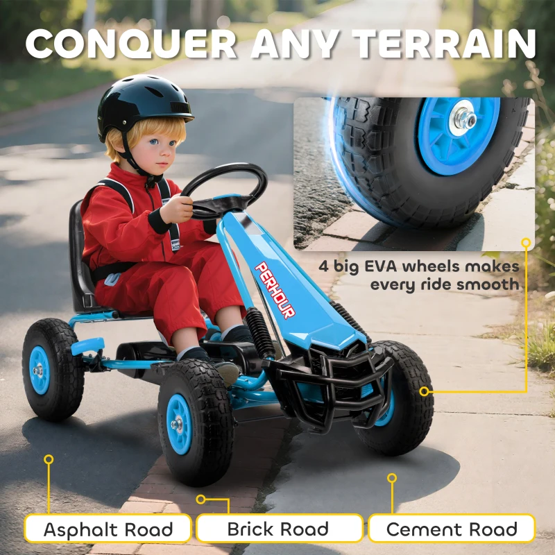 Qaba Kids Go Kart, Pedal Car with Adjustable Seat, EVA Wheels, Brake, for Boys & Girls Aged 3-8 Years Old, Blue