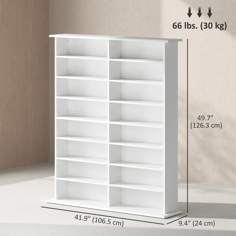 HOMCOM 8-Tier DVD Shelf with 12 Adjustable Shelves, Double CD Shelf, Holds 720 CDs, 396 DVDs or 396 Blu-rays, White