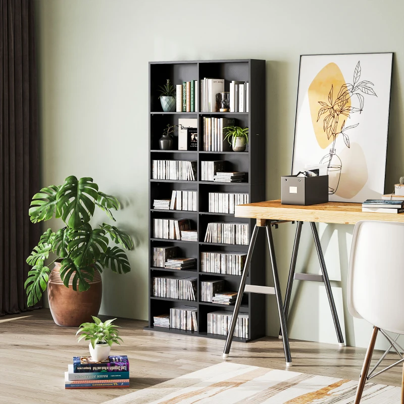 HOMCOM 9-Tier DVD Shelf with 18 Compartments and 14 Adjustable Shelves, Holds 640 CDs, 360 DVDs or 430 Blu-rays, Black