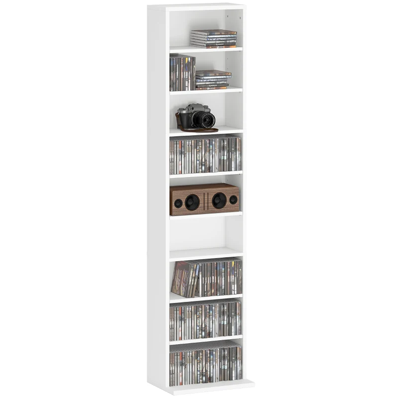 HOMCOM Media Storage Cabinet, 9-Tier Tall Narrow DVD Shelf with 6 Adjustable Shelves, White