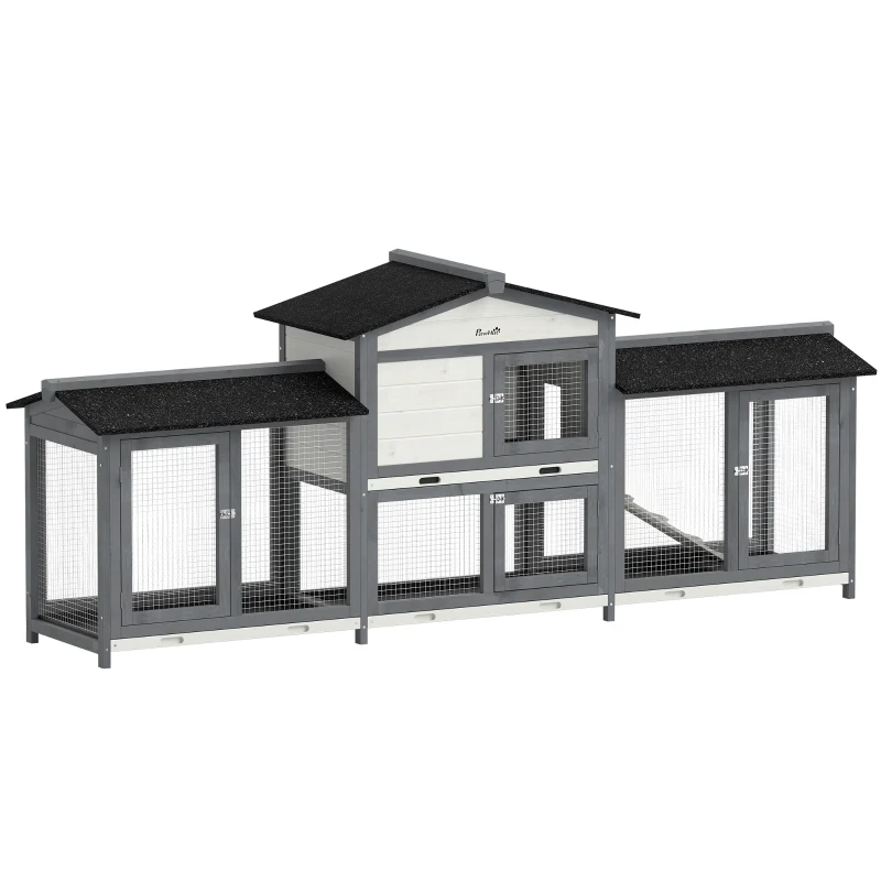 PawHut 90.5" Wooden Rabbit Hutch Bunny Cage Pet Playpen House Enclosure with Double Side Run Boxes, No Leak Tray, Ramp, for Rabbits, Chickens, Ducks, Guinea Pig and Small Animals, Light Gray