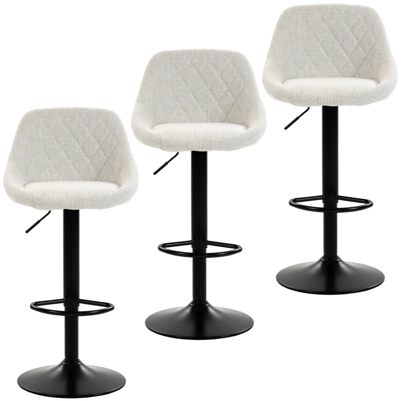 HOMCOM Bar Stools Set of 3, Swivel Counter Height Bar Stools with Back, Adjustable Linen-Look Bar Chairs, Off-White