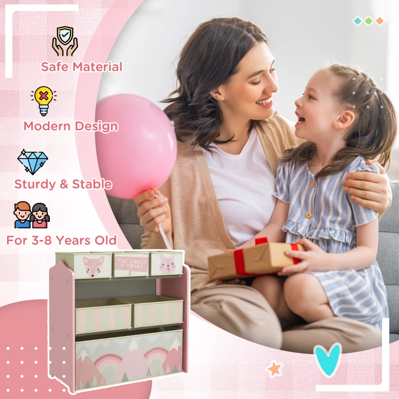 Qaba Toy Organizer with 6 Storage Bins, 25" x 12" x 26", Pink Print