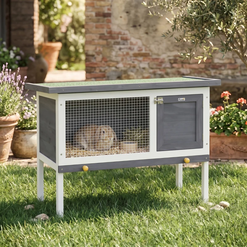PawHut Wooden Rabbit Hutch, Guinea Pig Hutch with Asphalt Roof, Outdoor Elevated Bunny House for Rabbits, Chinchillas