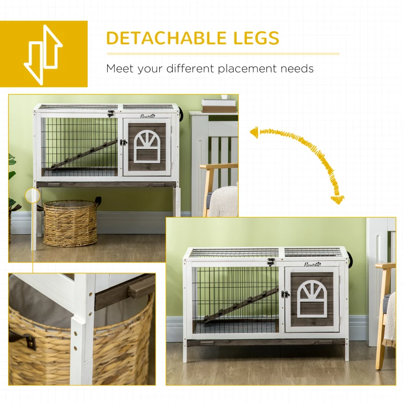 PawHut Rabbit Hutch Dual-Height Design Bunny House with Run Slide-Out Tray White and Coffee