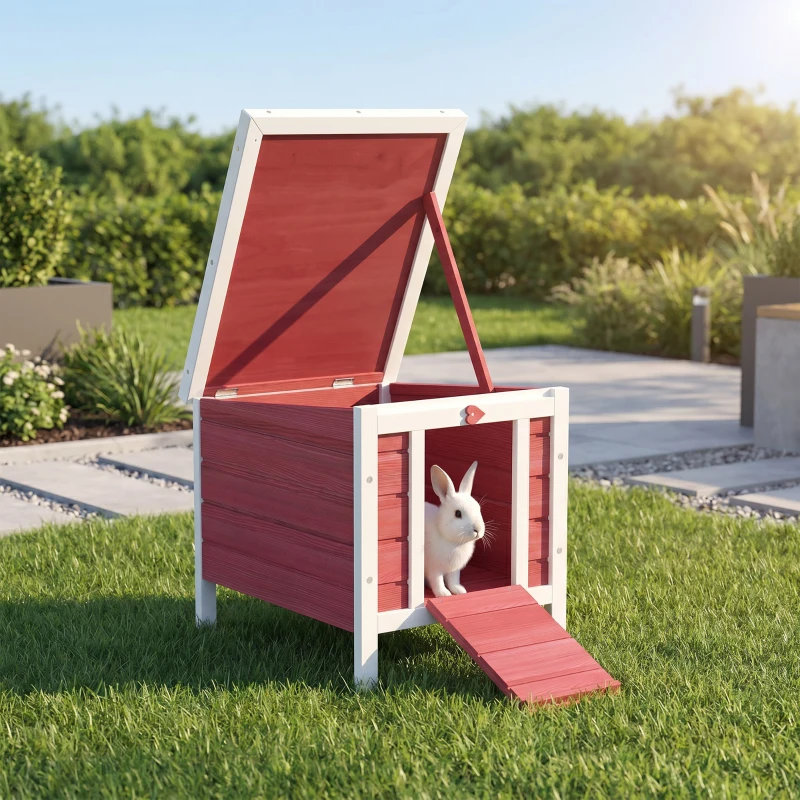 PawHut Wooden Rabbit Hutch, Bunny Cage with Waterproof & Openable Asphalt Roof, Outdoor Cat House Guinea Pig Cage Duck Shelter, Indoor Outdoor Use, 20" x 16.5" x 17", Red