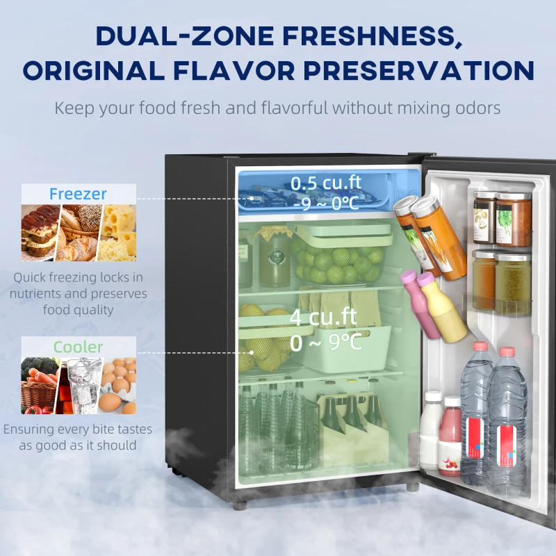 HOMCOM 4.5 Cu.Ft Mini Fridge, Single Door Refrigerator with Freezer, Wheels, Adjustable Thermostat, Reversible Door, Black