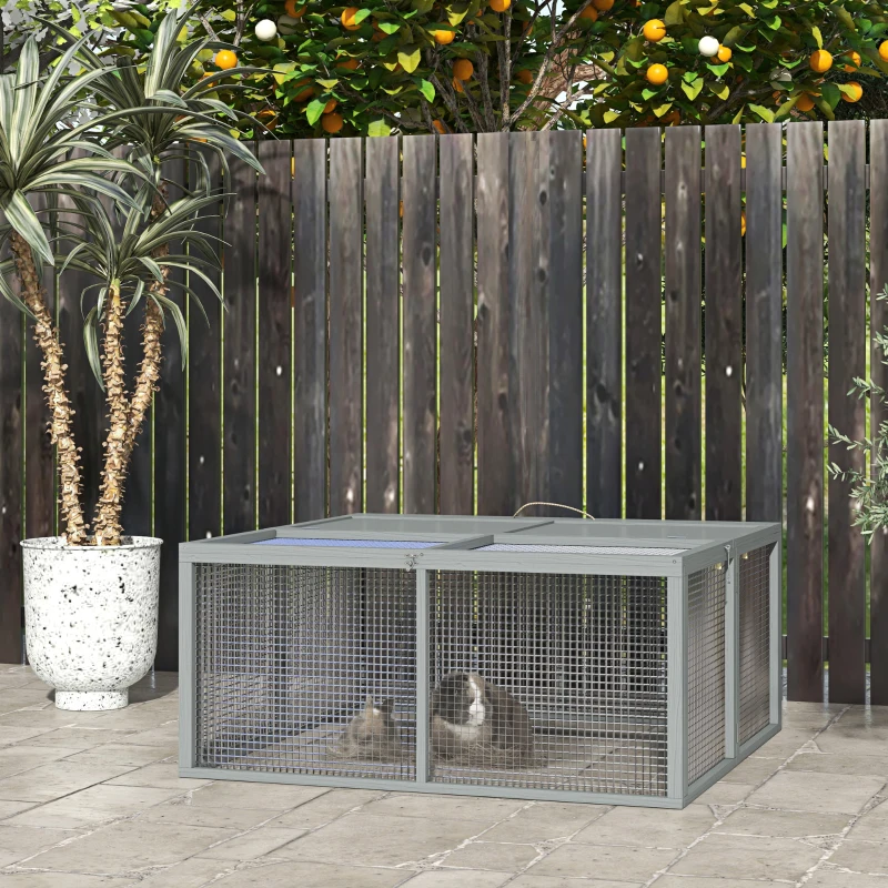 PawHut Wooden Folding Rabbit Hutch, for 2-3 Rabbits - Gray