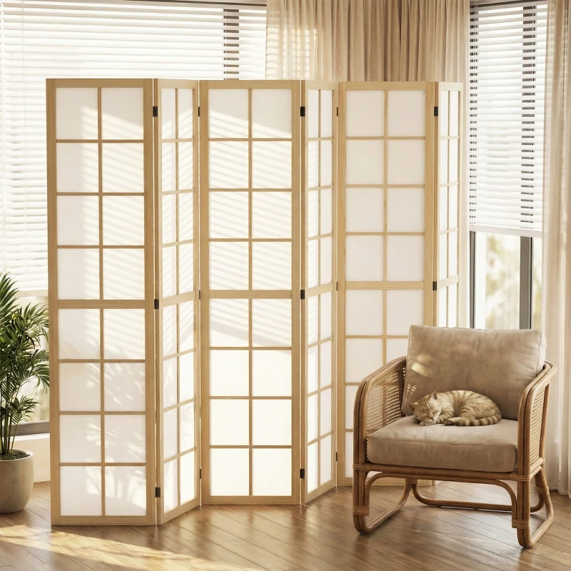 HOMCOM 6 Panel Room Divider, 5.6 ft Folding Wall Divider Room Partition for Home Office, Bedroom, Living Room, Natural Wood