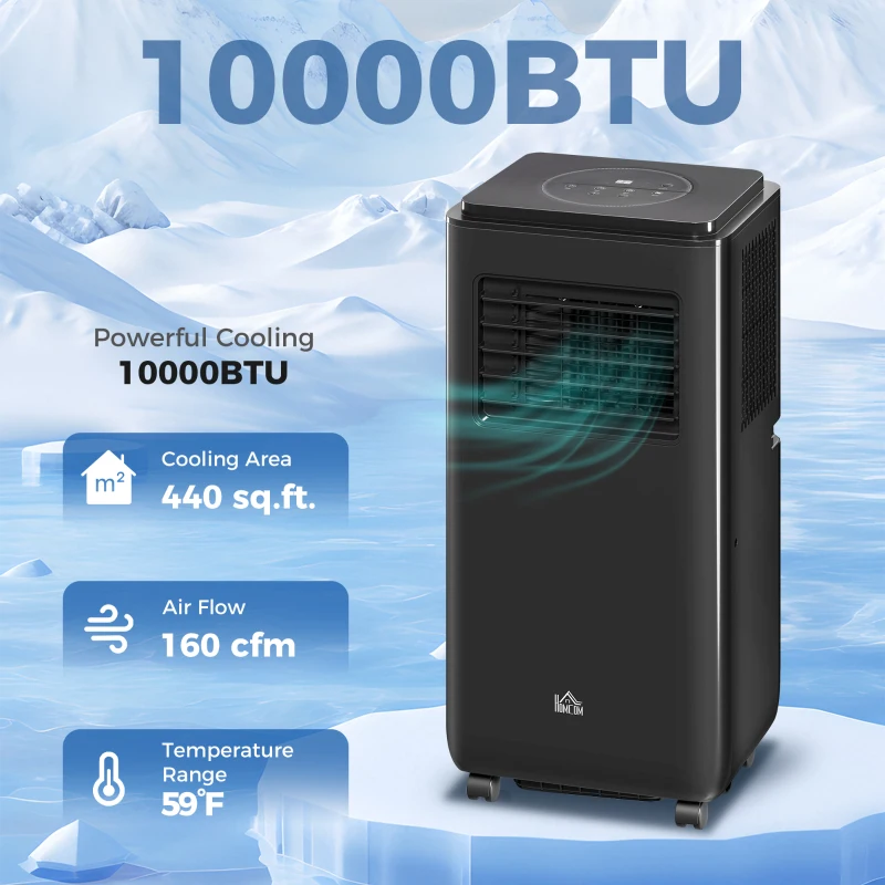 HOMCOM 10,000 BTU Moible Air Conditioner 440 Sq. Ft., Dehumidifier Fan Auto Sleep with 24H Timer On/Off, Window Kit, Black