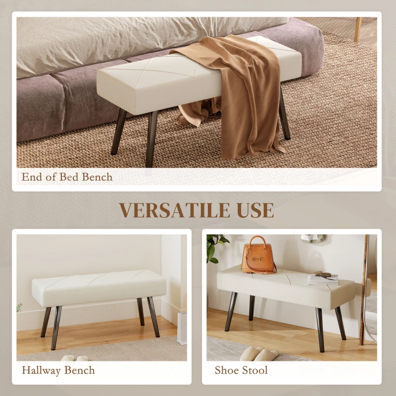 HOMCOM 39 Inches Upholstered Bedroom Bench, Modern End of Bed Bench with Steel Legs, Cream White